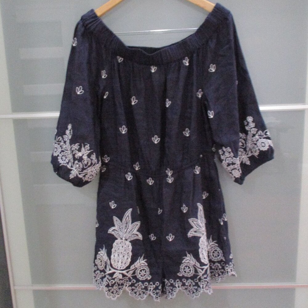 Farm for Anthropologie (Farm Rio) Linen Blend Embroidered Shorts Romper